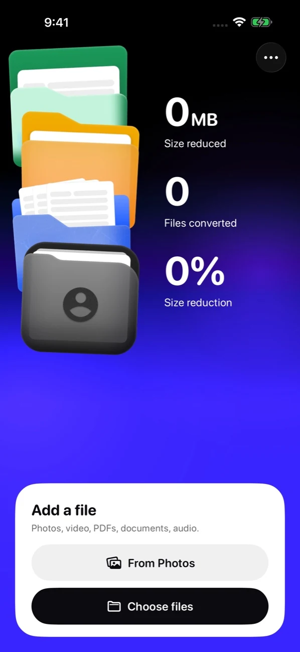 MakeSmall Home screen on iPhone: choosing photos or files to compress